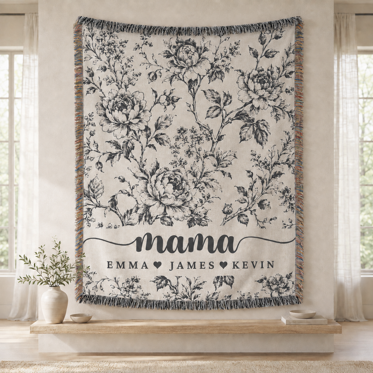 Mama Woven Blanket, Custom Blue Floral Toile Throw with Kids' Names