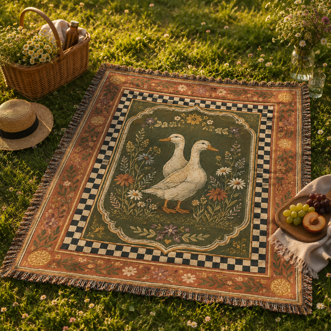 Cottage duck woven blanket used for a golden meadow picnic