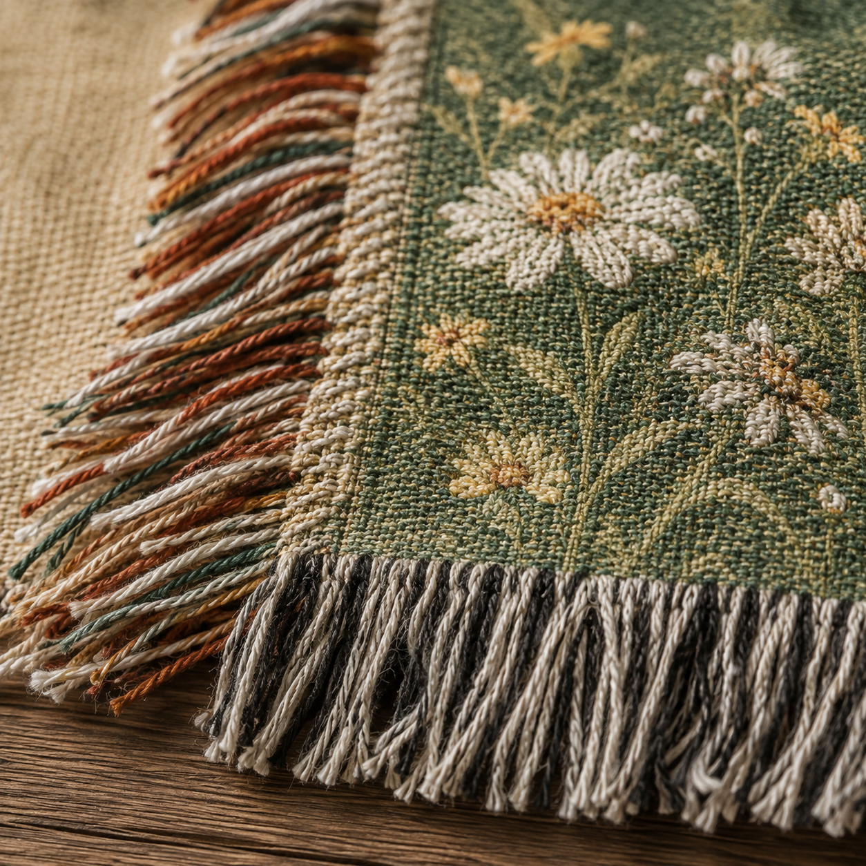 Macro close-up of woven yarn texture and multicolor fringe on Christian blanket
