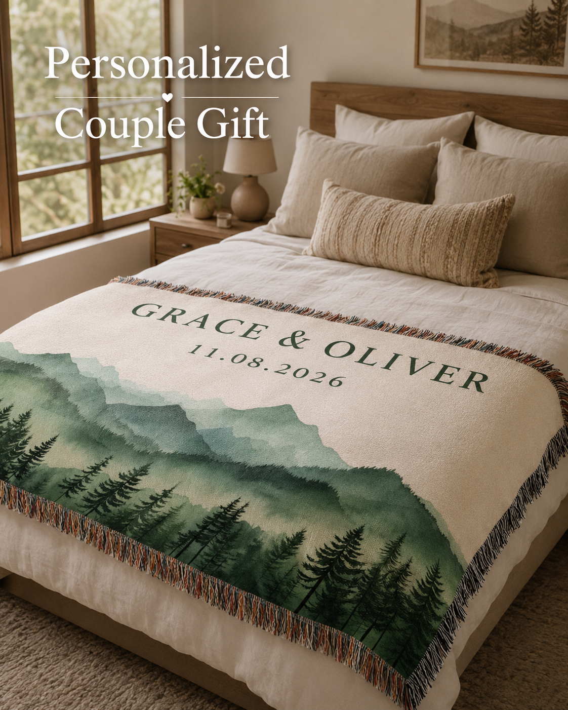 Personalized couple woven blanket layered on a bed as a romantic couple gift