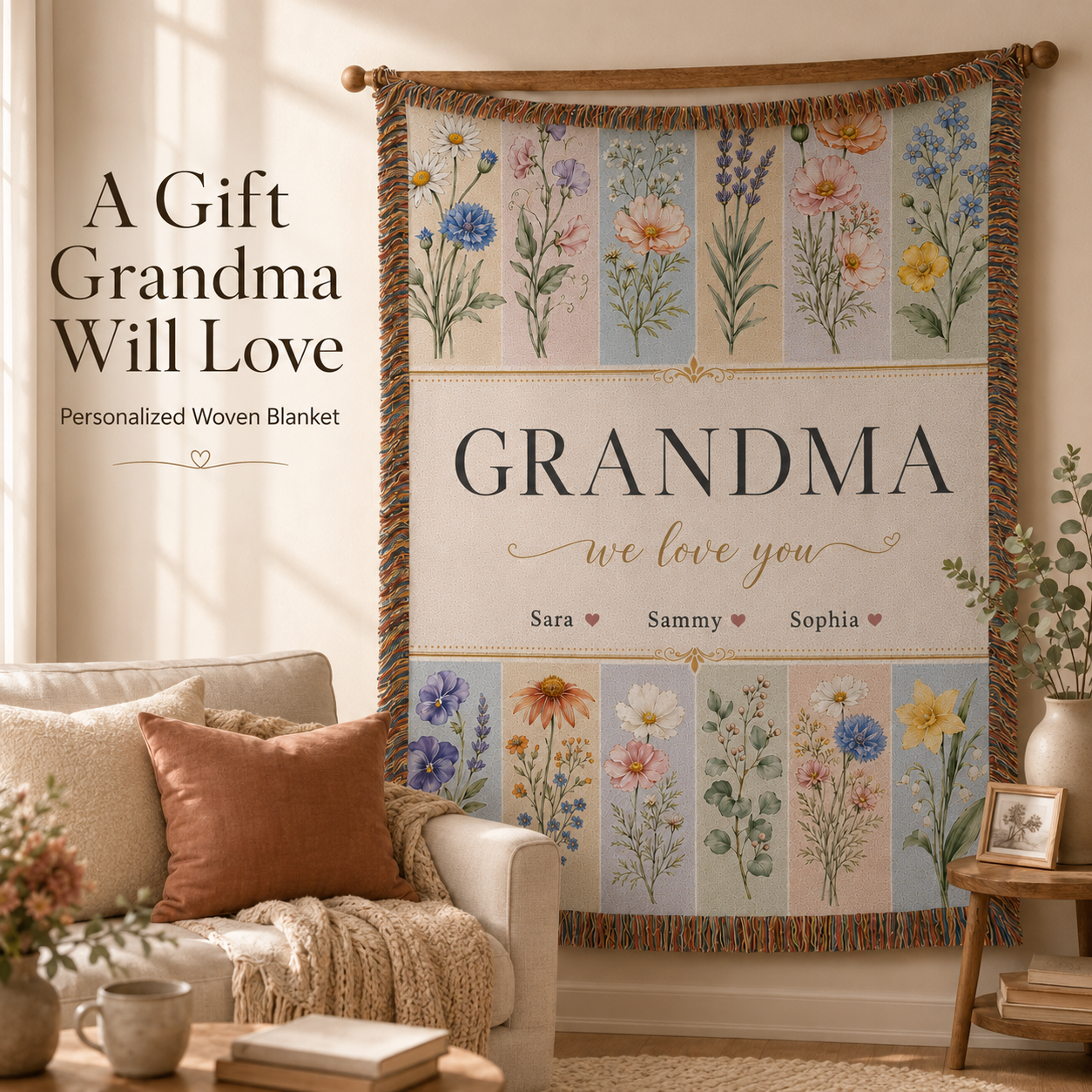 Personalized Mom Birth Flower Woven Blanket – Kids’ Names