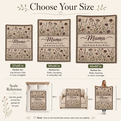 Personalized Mama Woven Blanket - Custom Floral Throw with Kids' Names (Gift for Mom, Grandma, Nana)