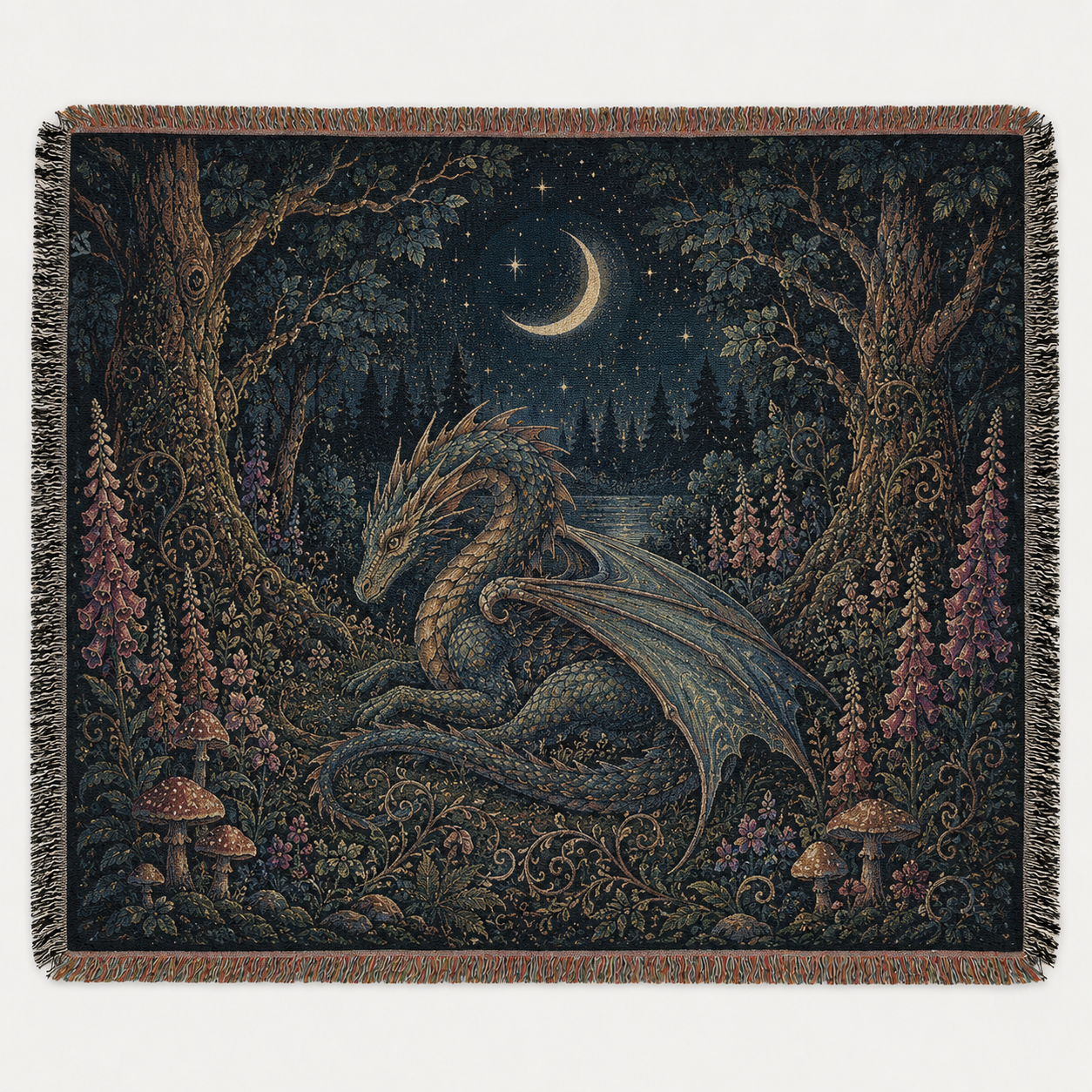 Enchanted Dragon Forest Woven Blanket – Moonlit Fantasy Tapestry Throw