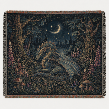 Enchanted Dragon Forest Woven Blanket – Moonlit Fantasy Tapestry Throw