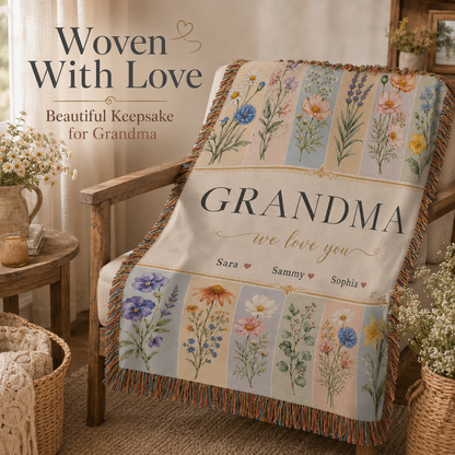Personalized Mom Birth Flower Woven Blanket – Kids’ Names