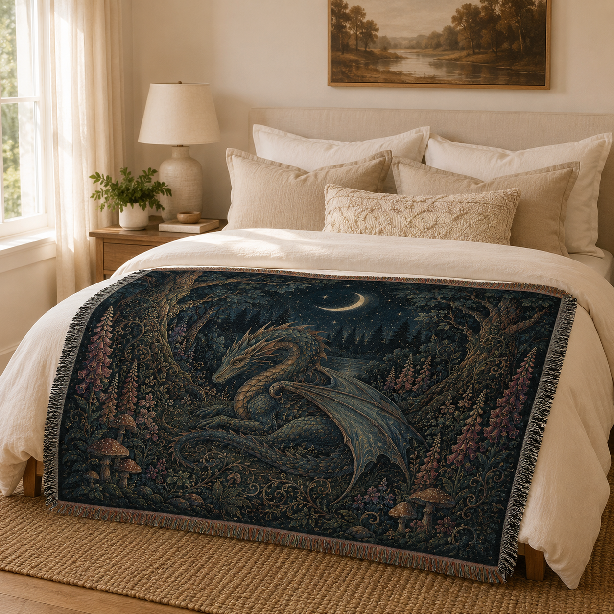 Enchanted Dragon Forest Woven Blanket – Moonlit Fantasy Tapestry Throw