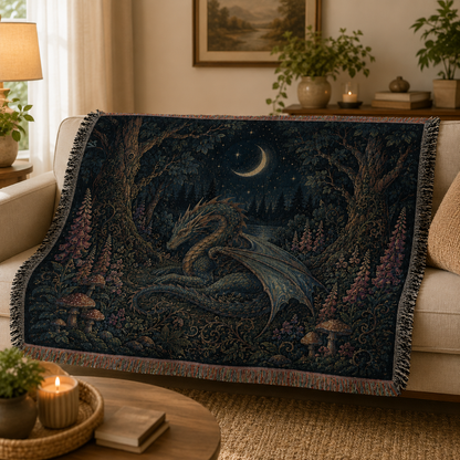 Enchanted Dragon Forest Woven Blanket – Moonlit Fantasy Tapestry Throw