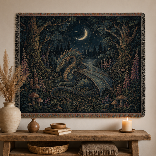 Enchanted Dragon Forest Woven Blanket – Moonlit Fantasy Tapestry Throw