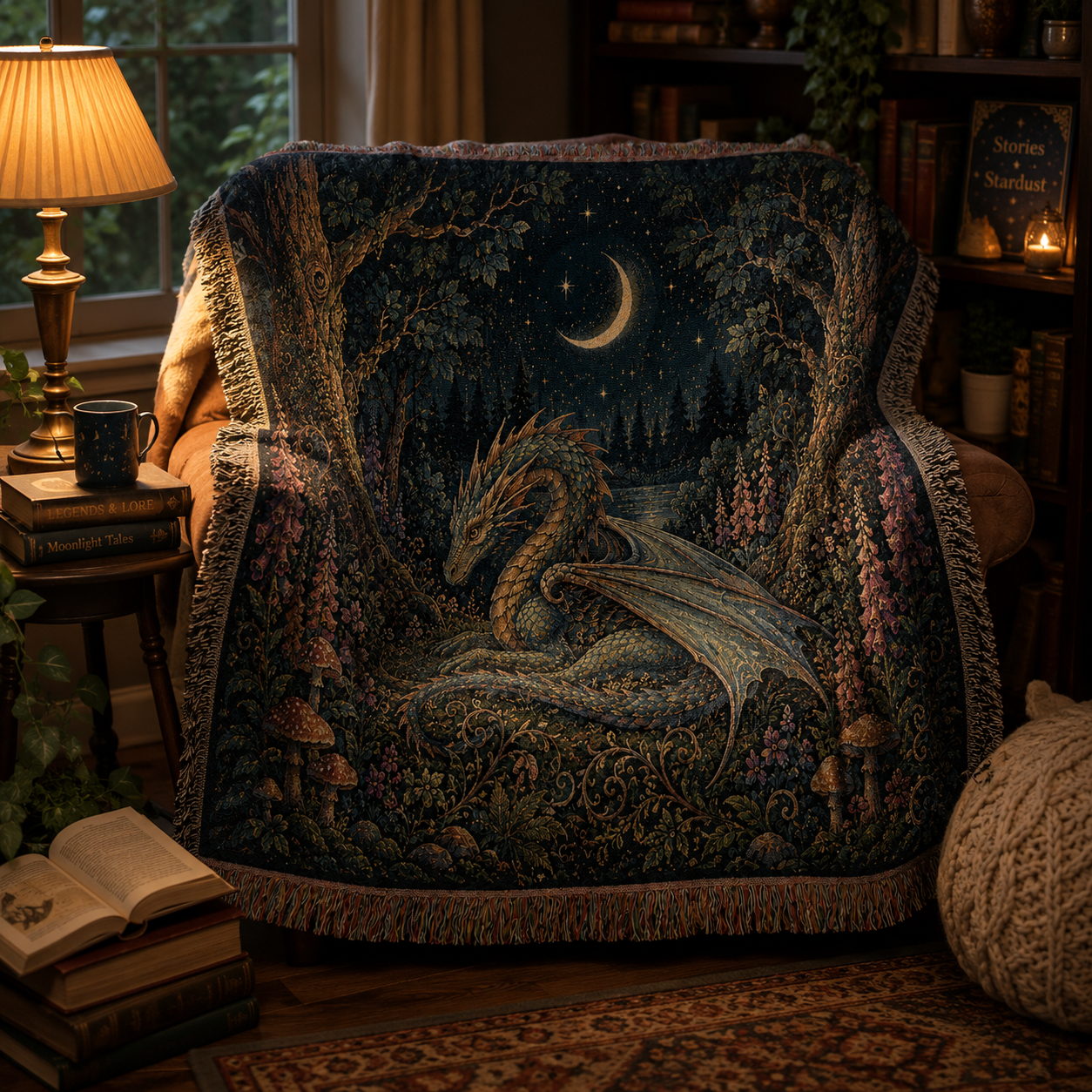 Enchanted Dragon Forest Woven Blanket – Moonlit Fantasy Tapestry Throw