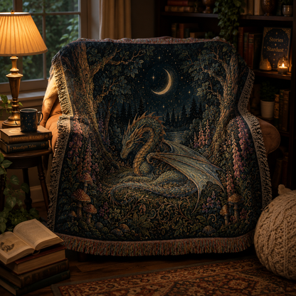 Enchanted Dragon Forest Woven Blanket – Moonlit Fantasy Tapestry Throw