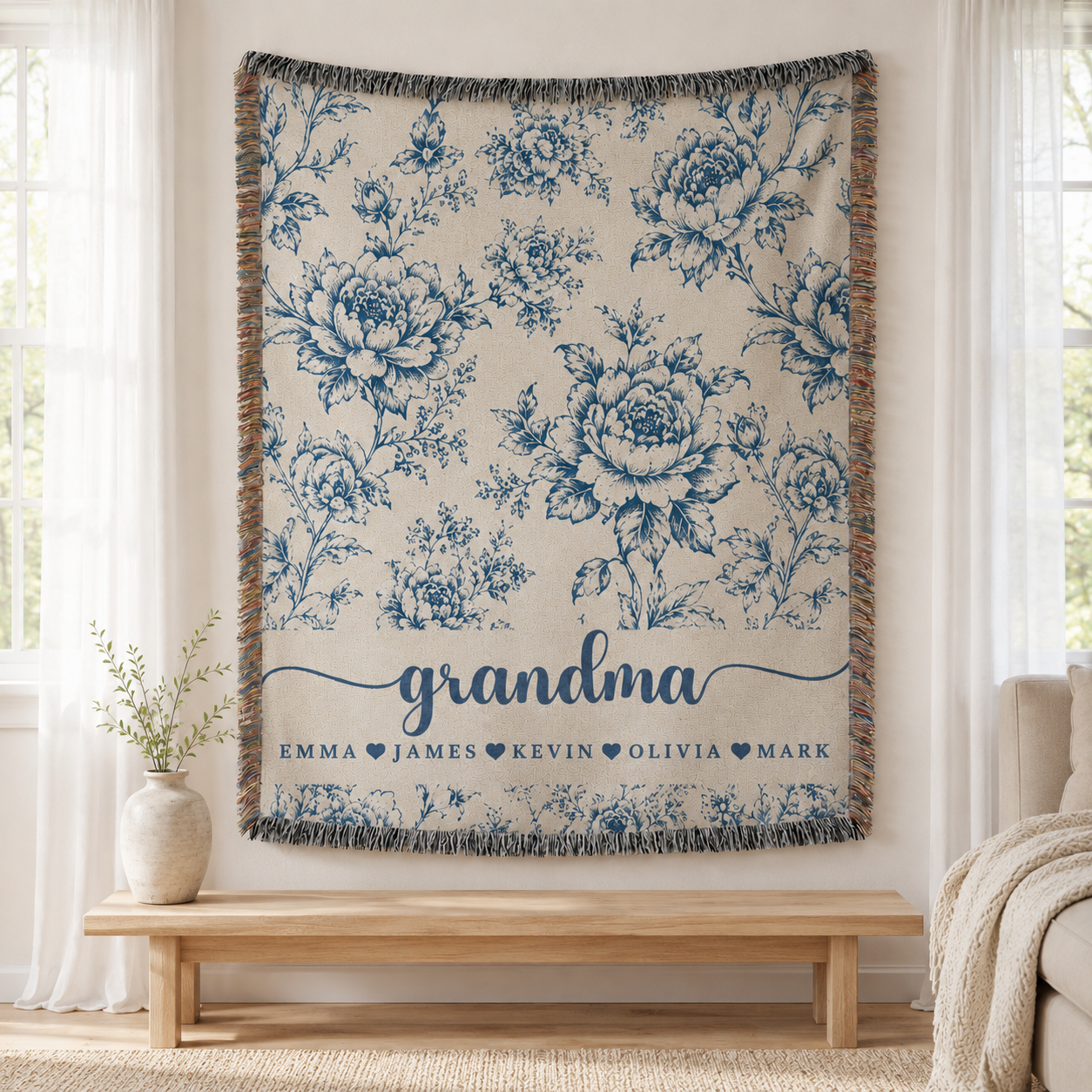Personalized Grandma Floral Woven Blanket – 5 Colors & Grandkids’ Names