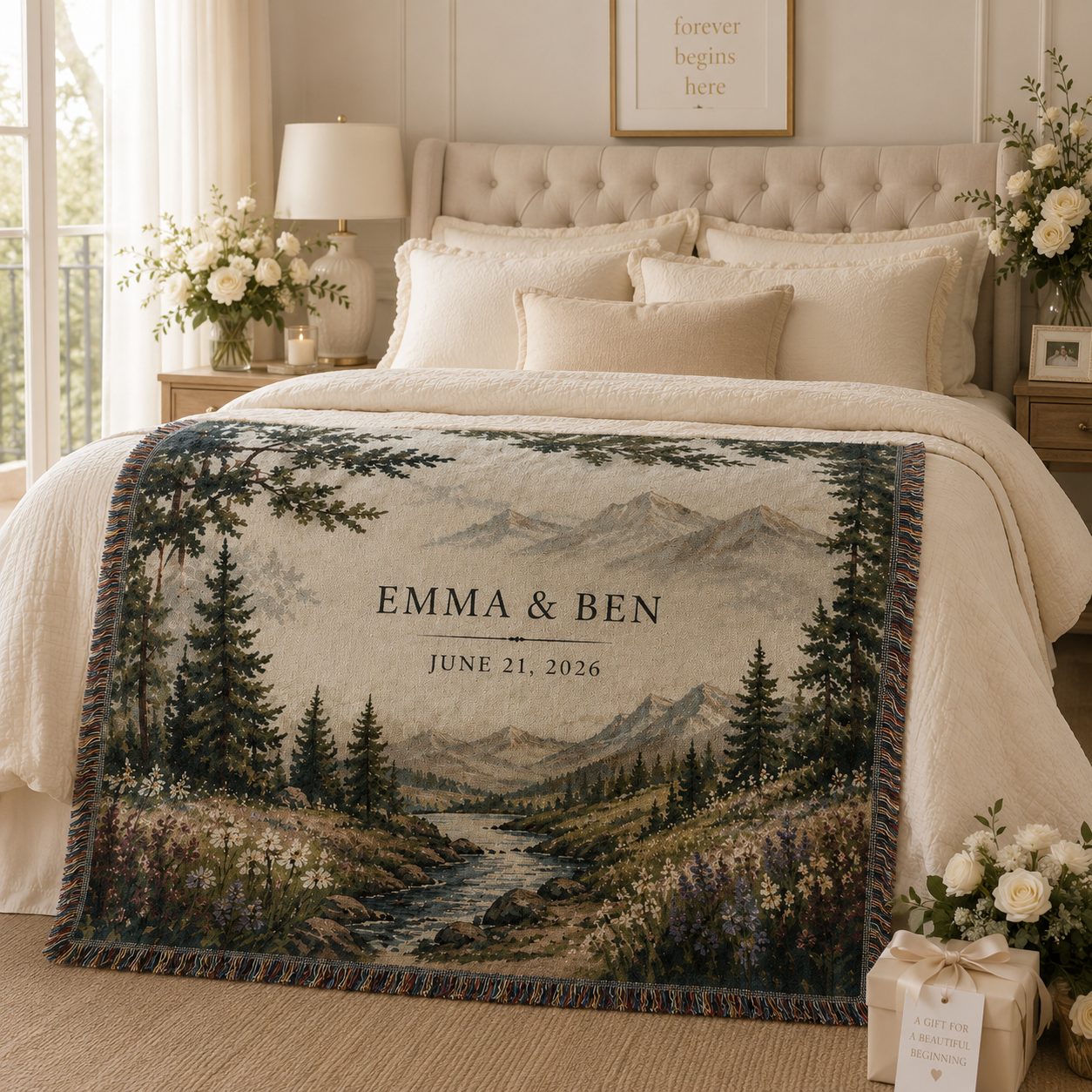 Personalized Mountain Wedding Woven Blanket - Custom Couple Names Anniversary Throw