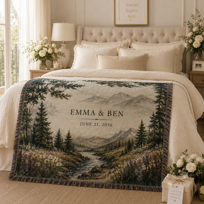 Personalized Mountain Wedding Woven Blanket - Custom Couple Names Anniversary Throw