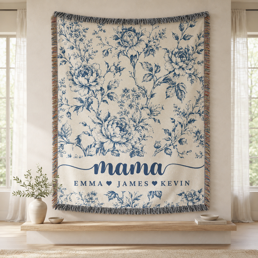 Mama Woven Blanket, Custom Blue Floral Toile Throw with Kids' Names