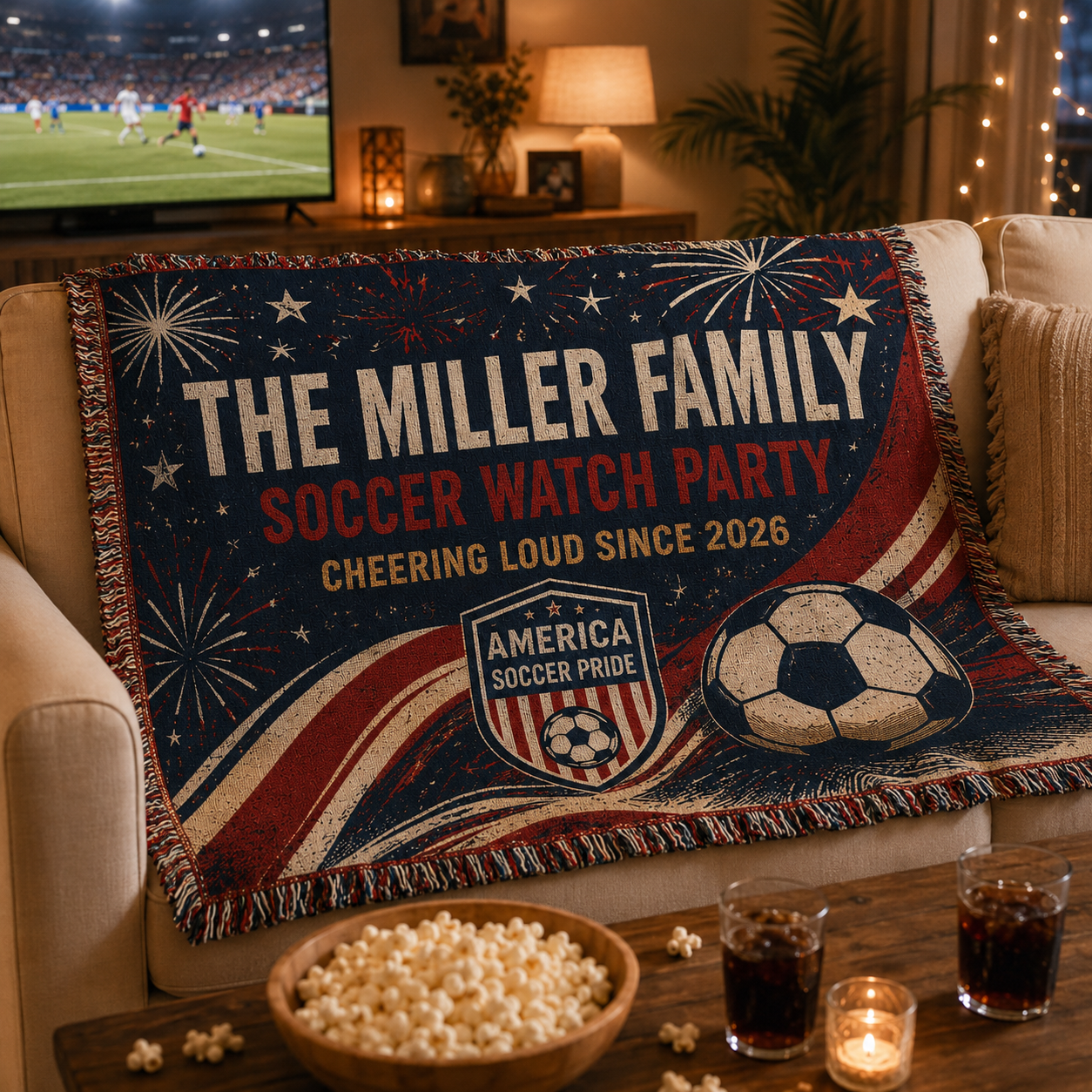 Personalized USA Soccer Victory Woven Blanket, Custom Family Name America Soccer