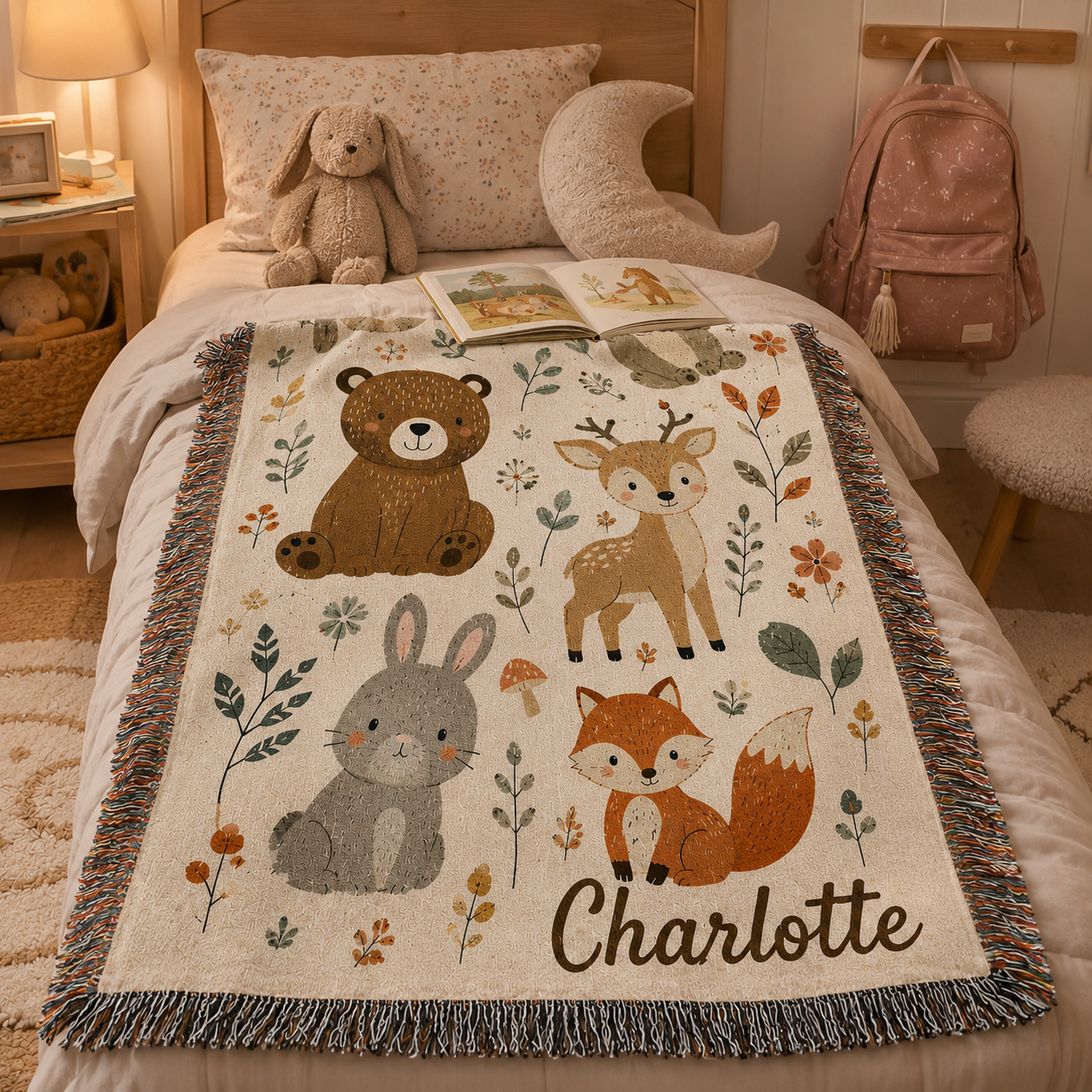 Personalized Woodland Animal Woven Blanket for Kids – Custom Name Nursery Throw Gift