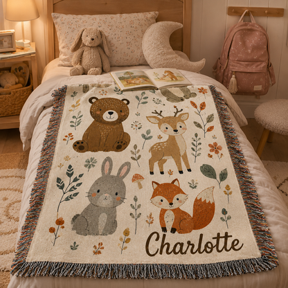 Personalized Woodland Animal Woven Blanket for Kids – Custom Name Nursery Throw Gift