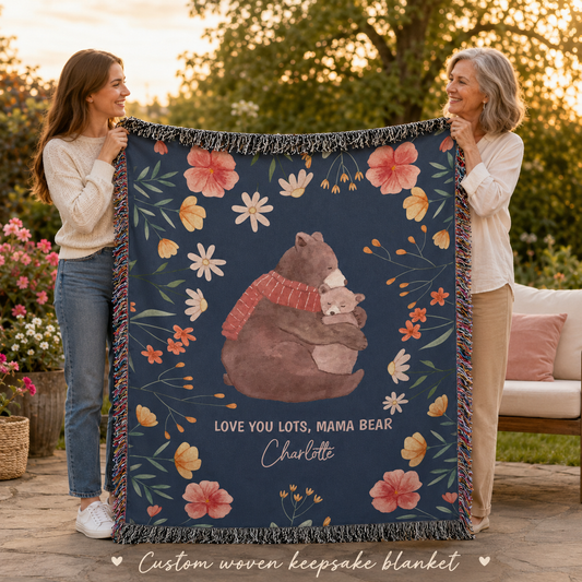 Mama Bear Personalized Woven Blanket - Custom Kid Name Blanket, Mother's Day & Mum Birthday Gift