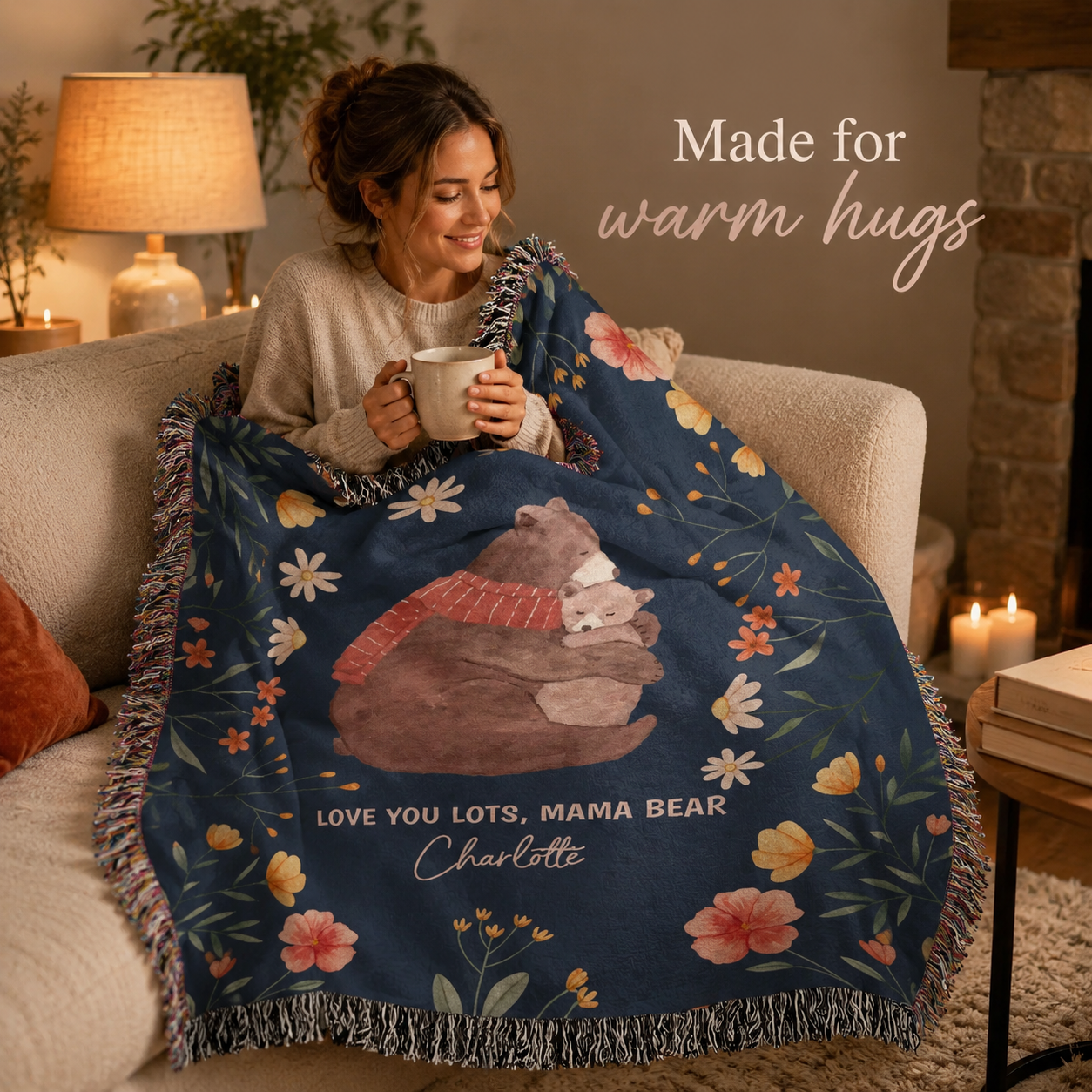 Mama Bear Personalized Woven Blanket - Custom Kid Name Blanket, Mother's Day & Mum Birthday Gift