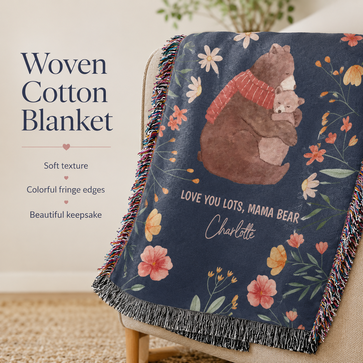 Mama Bear Personalized Woven Blanket - Custom Kid Name Blanket, Mother's Day & Mum Birthday Gift