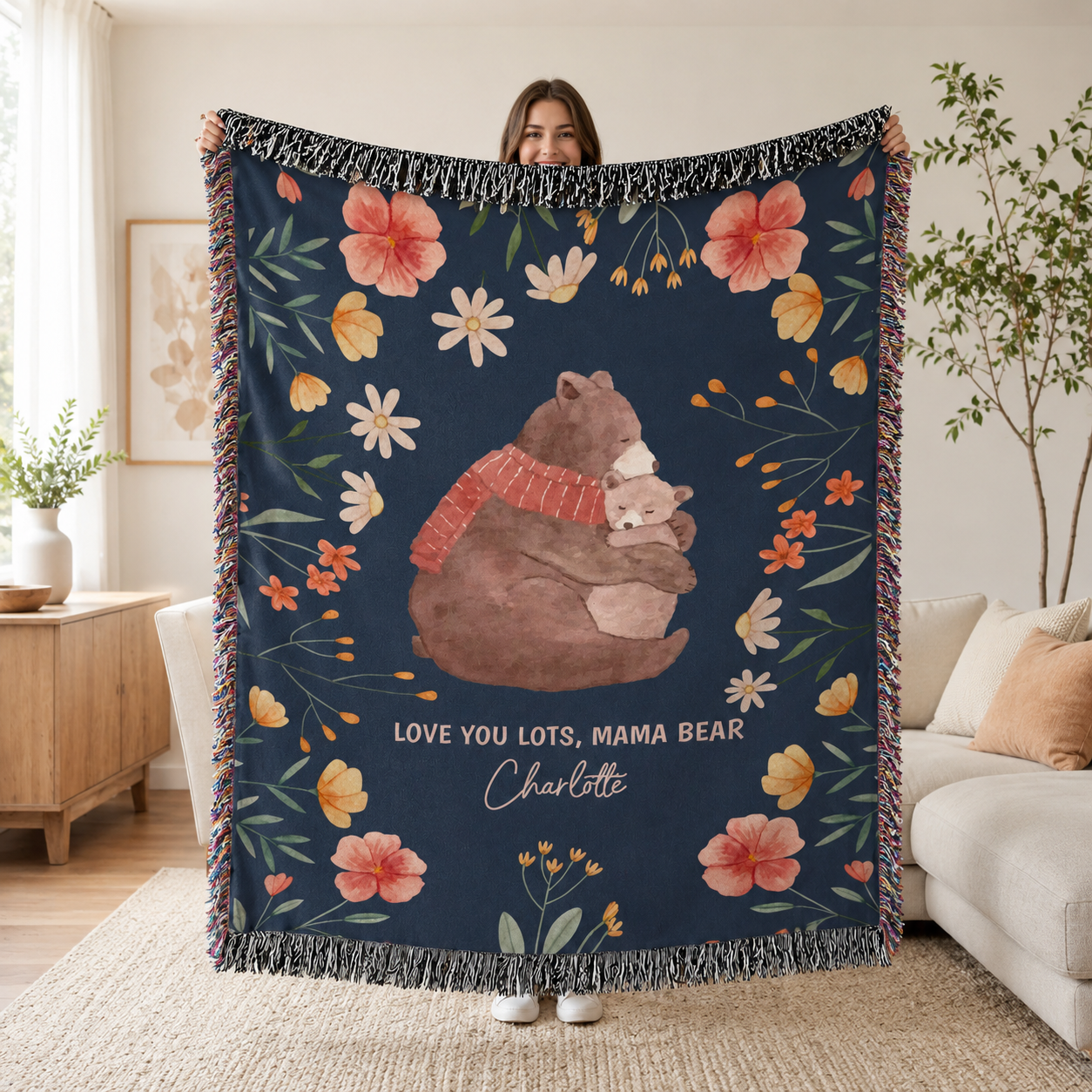Mama Bear Personalized Woven Blanket - Custom Kid Name Blanket, Mother's Day & Mum Birthday Gift