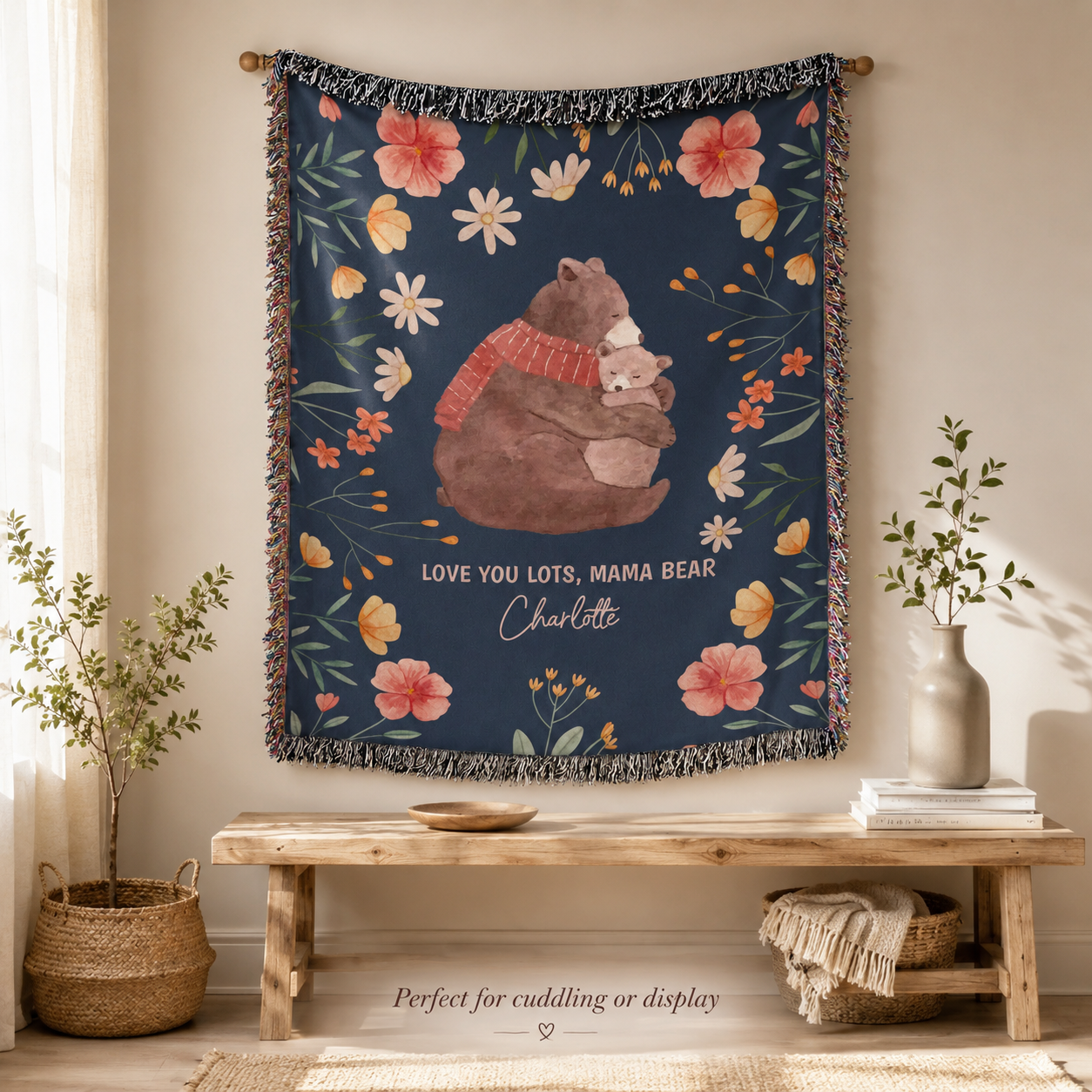 Mama Bear Personalized Woven Blanket - Custom Kid Name Blanket, Mother's Day & Mum Birthday Gift