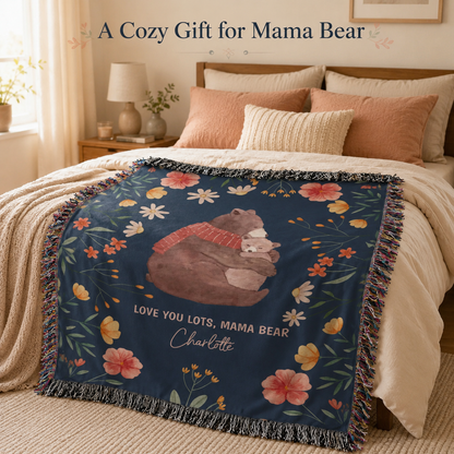 Mama Bear Personalized Woven Blanket - Custom Kid Name Blanket, Mother's Day & Mum Birthday Gift