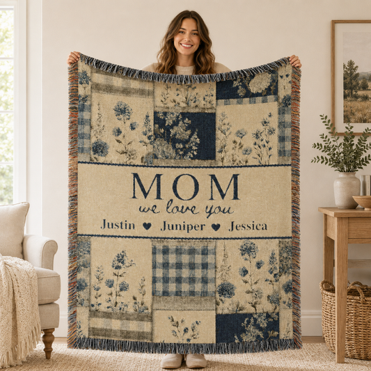 Personalized Mom Woven Blanket, Custom Floral Patchwork Throw with Kids' Names