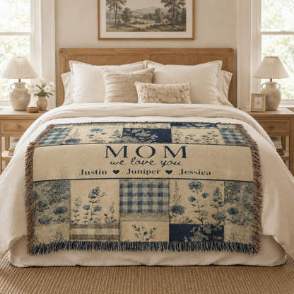 Personalized Mom Woven Blanket, Custom Floral Patchwork Throw with Kids' Names