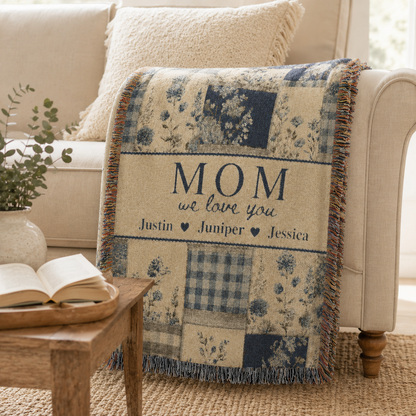 Personalized Mom Woven Blanket, Custom Floral Patchwork Throw with Kids' Names