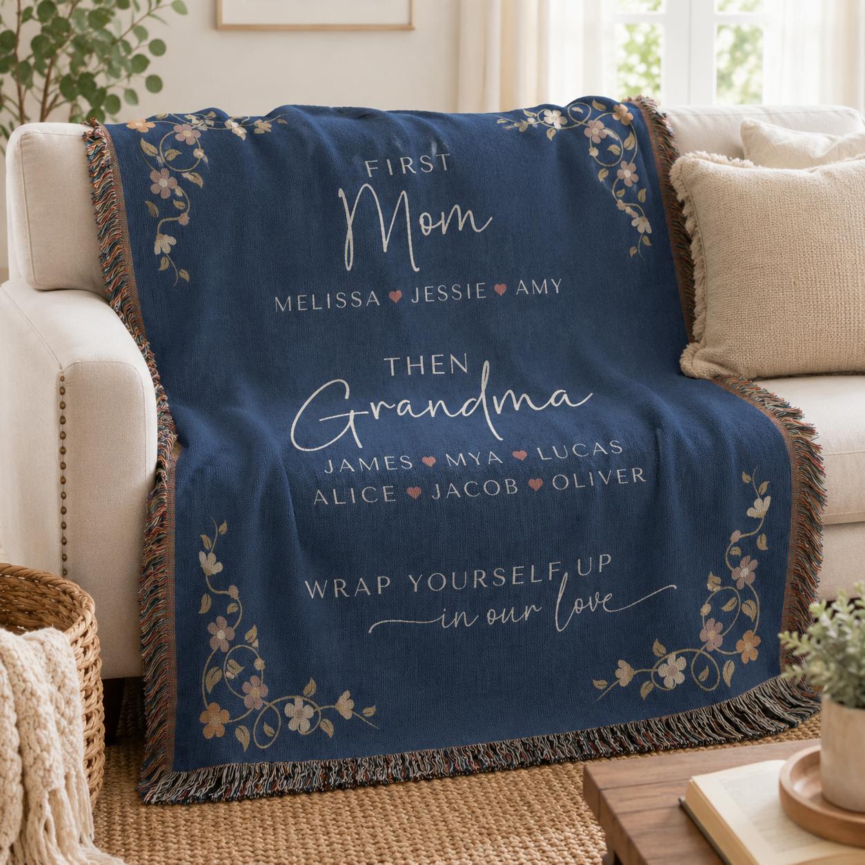 Personalized First Mom Then Grandma Woven Blanket – Family Names