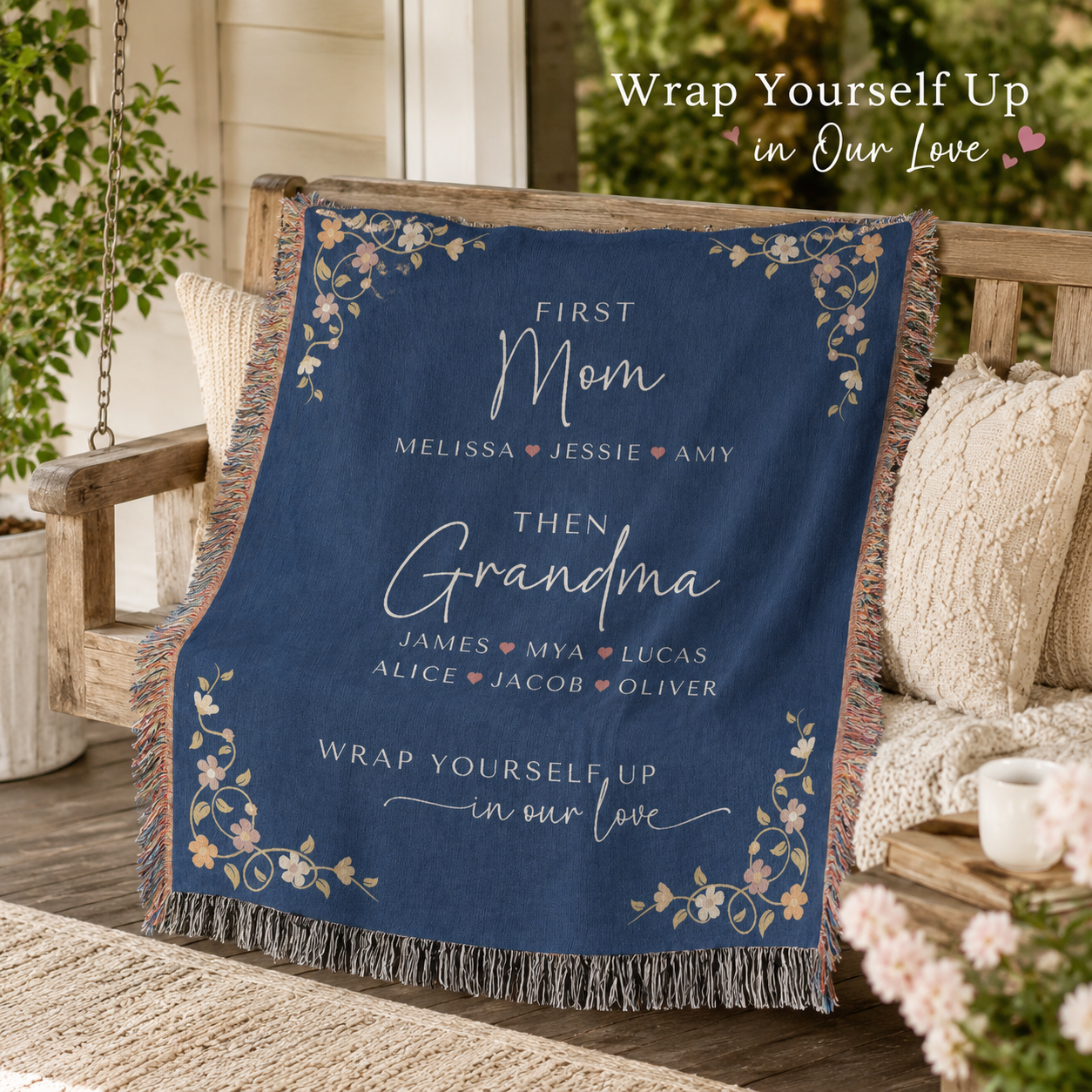 Personalized First Mom Then Grandma Woven Blanket – Family Names