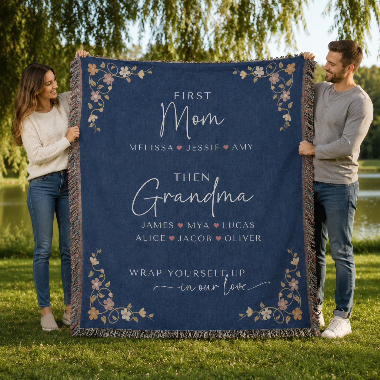 Personalized First Mom Then Grandma Woven Blanket – Family Names