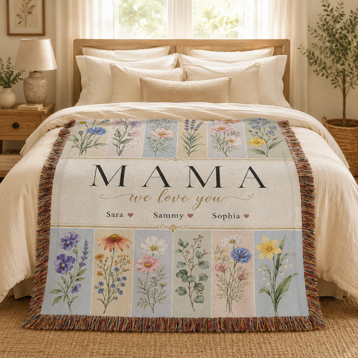 Personalized Mom Birth Flower Woven Blanket – Kids’ Names