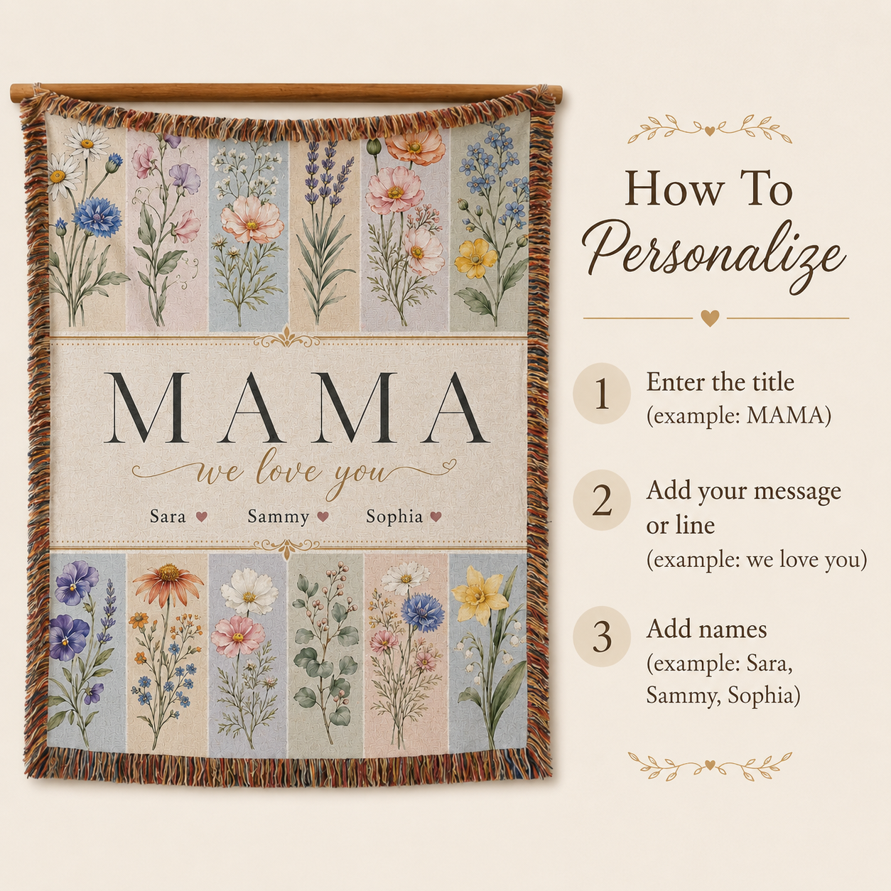 Personalized Mom Birth Flower Woven Blanket – Kids’ Names