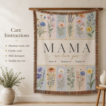 Personalized Mom Birth Flower Woven Blanket – Kids’ Names