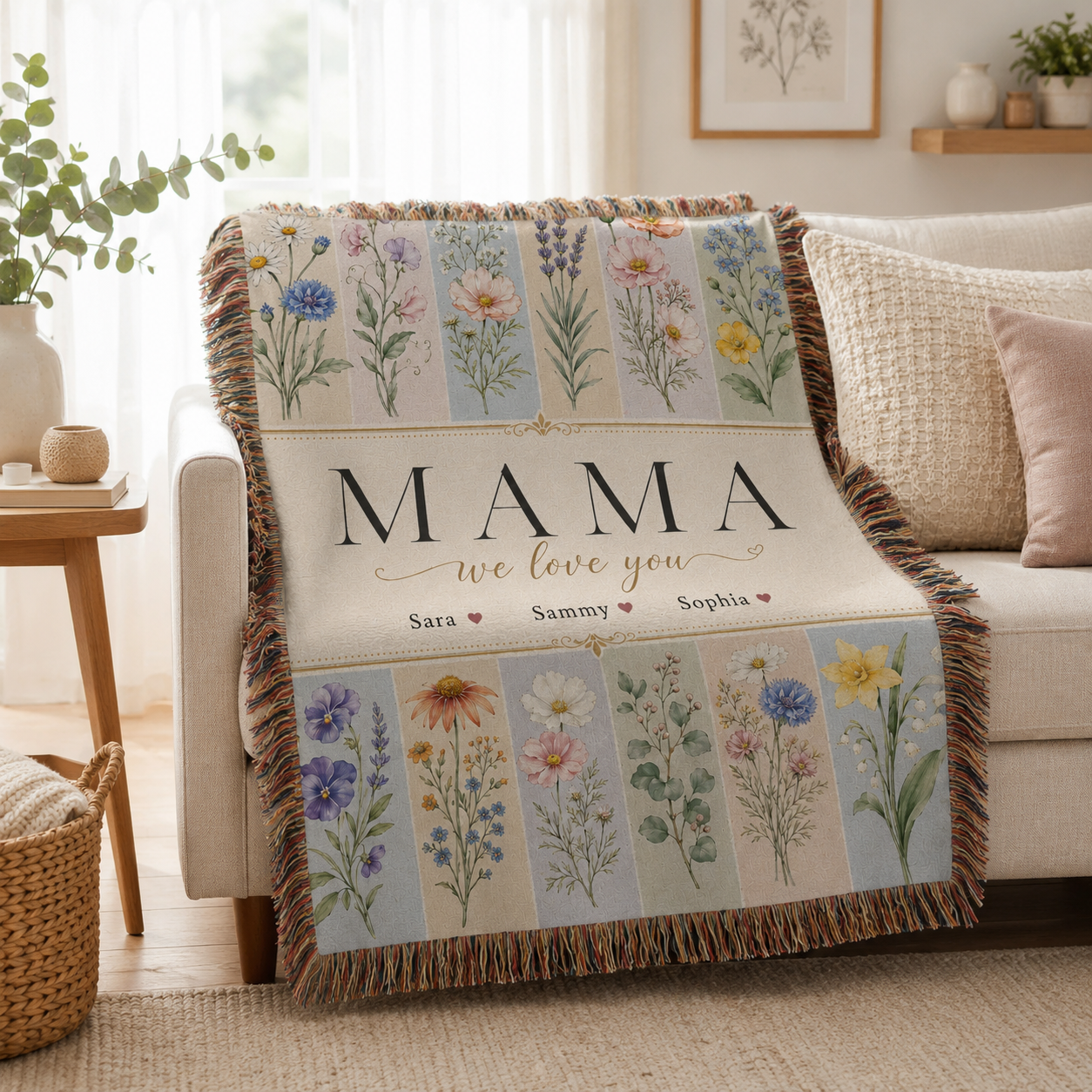 Personalized Mom Birth Flower Woven Blanket – Kids’ Names
