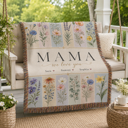 Personalized Mom Birth Flower Woven Blanket – Kids’ Names