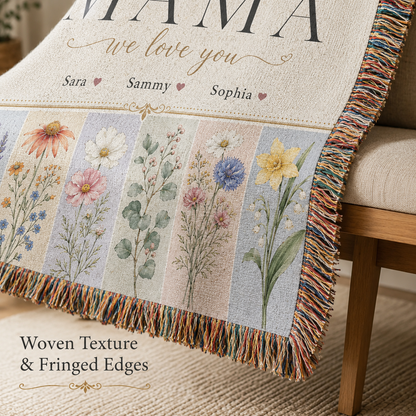 Personalized Mom Birth Flower Woven Blanket – Kids’ Names