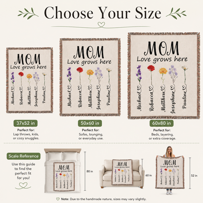 Personalized Mom Flower Woven Blanket - Custom Birth Month Flowers with Kids' Names