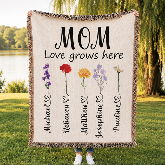 Personalized Mom Flower Woven Blanket - Custom Birth Month Flowers with Kids' Names