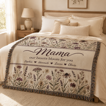Personalized Mama Woven Blanket - Custom Floral Throw with Kids' Names (Gift for Mom, Grandma, Nana)