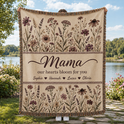Personalized Mama Woven Blanket - Custom Floral Throw with Kids' Names (Gift for Mom, Grandma, Nana)