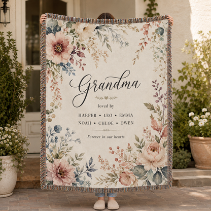 Personalized Watercolor Floral Grandma Woven Blanket – Family Names