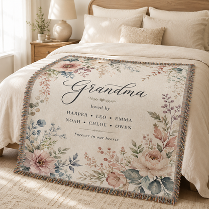 Personalized Watercolor Floral Grandma Woven Blanket – Family Names