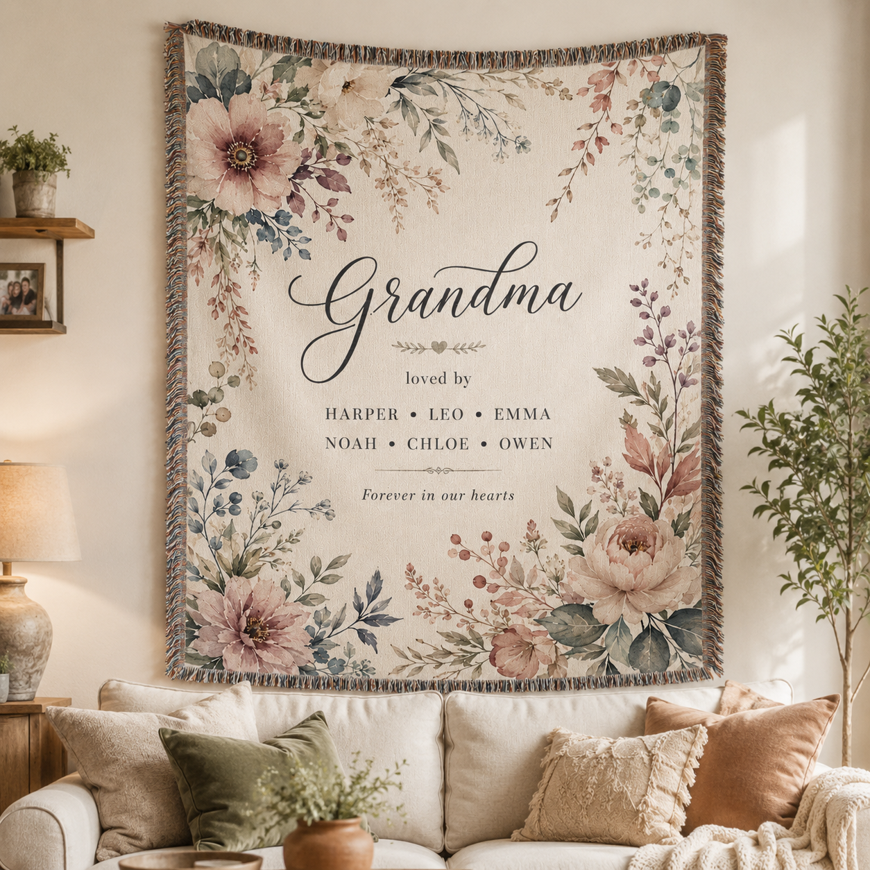 Personalized Watercolor Floral Grandma Woven Blanket – Family Names