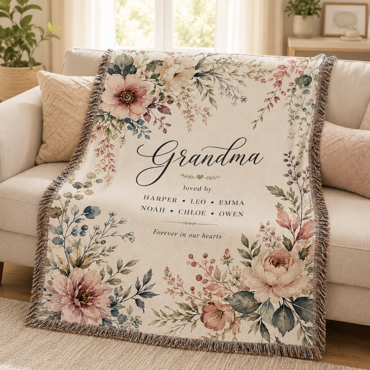 Personalized Watercolor Floral Grandma Woven Blanket – Family Names