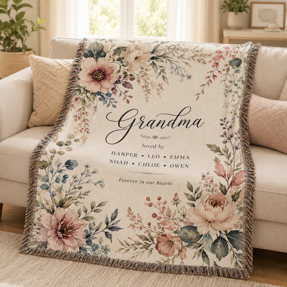 Personalized Watercolor Floral Grandma Woven Blanket – Family Names