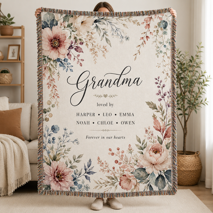 Personalized Watercolor Floral Grandma Woven Blanket – Family Names