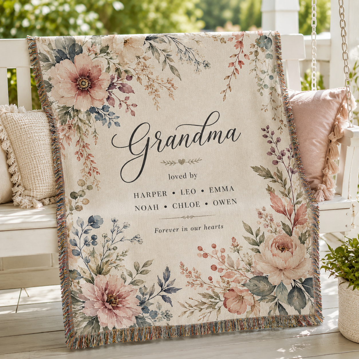 Personalized Watercolor Floral Grandma Woven Blanket – Family Names